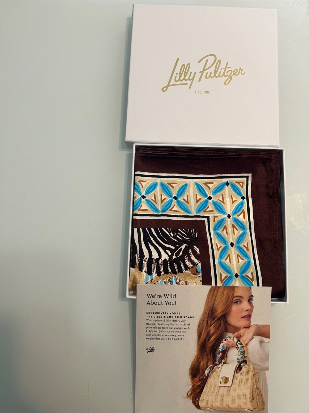 Lilly Pulitzer Brown Silk Scarf with Turquoise & Gold Geometric Border
